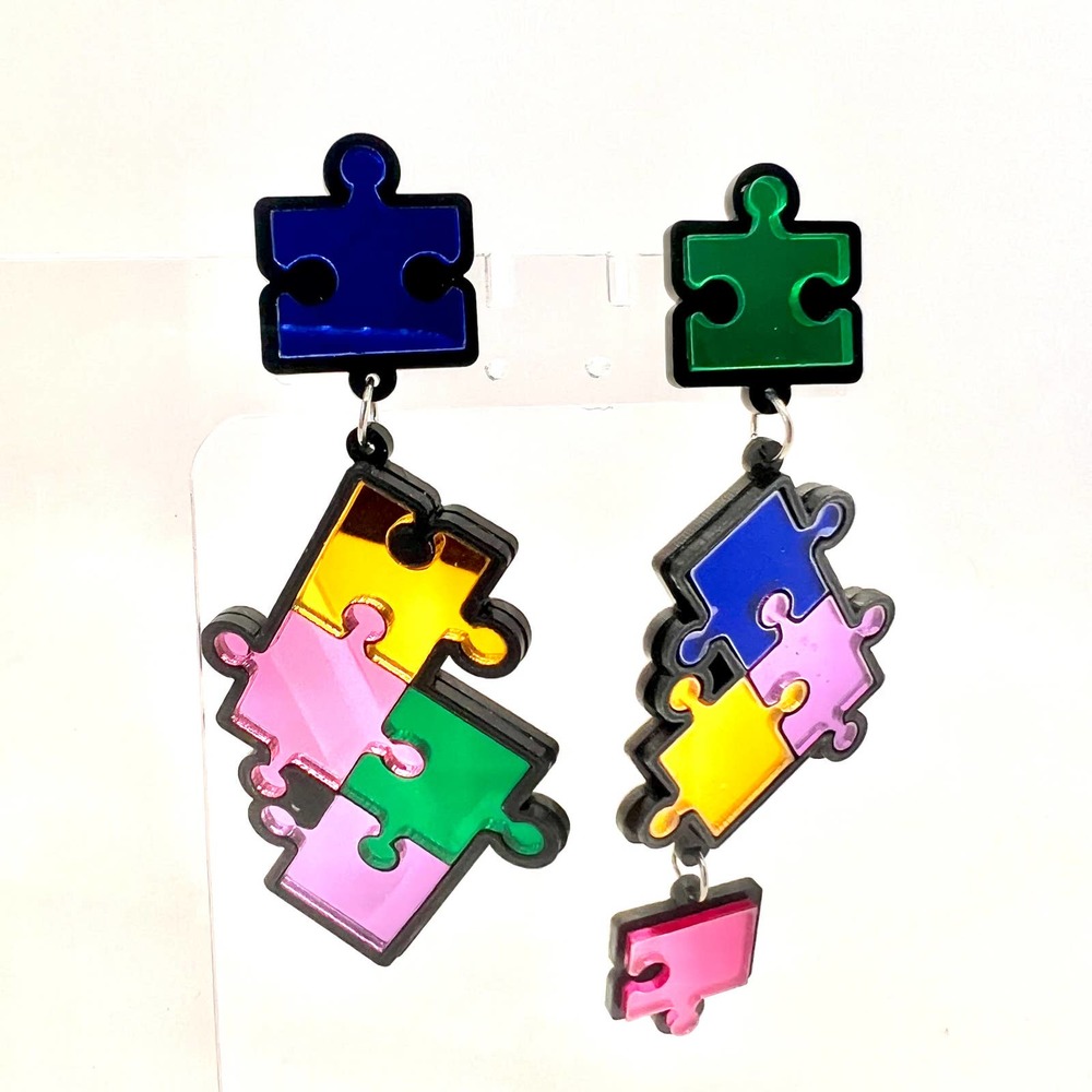 Colorful Jigsaw Puzzle Drop Earrings - Multicolor Acrylic Dangle